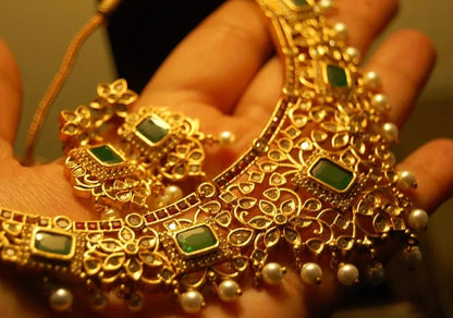 ELEGANT INDIAN SET WITH ZIRCONS, RED & GREEN STONES