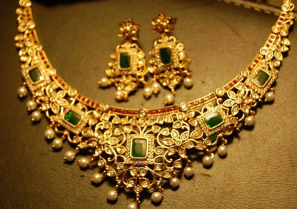 ELEGANT INDIAN SET WITH ZIRCONS, RED & GREEN STONES