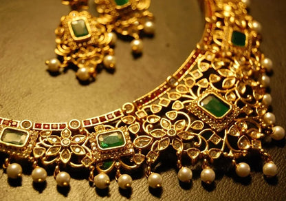 ELEGANT INDIAN SET WITH ZIRCONS, RED & GREEN STONES
