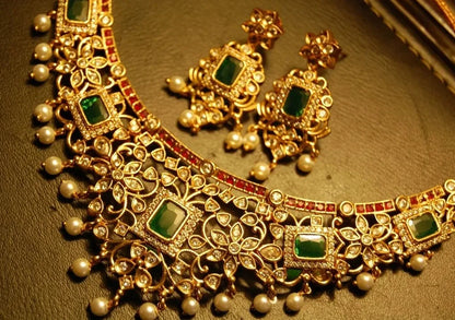 ELEGANT INDIAN SET WITH ZIRCONS, RED & GREEN STONES