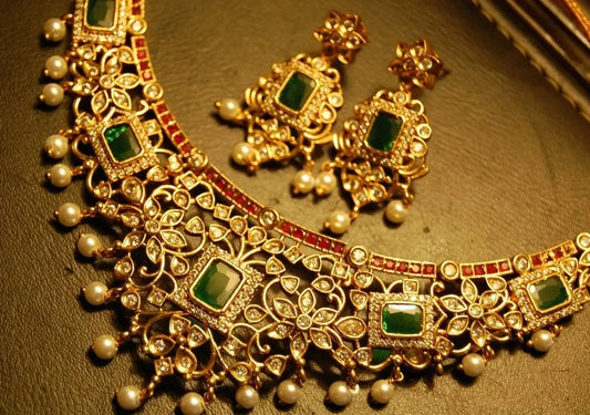 ELEGANT INDIAN SET WITH ZIRCONS, RED & GREEN STONES