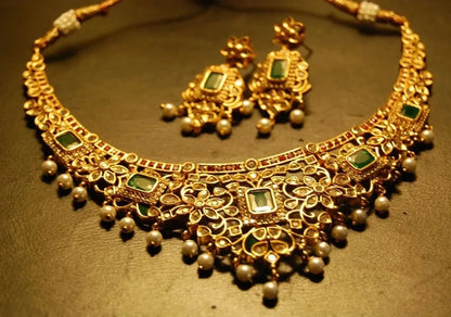 ELEGANT INDIAN SET WITH ZIRCONS, RED & GREEN STONES