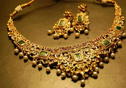 ELEGANT INDIAN SET WITH ZIRCONS, RED & GREEN STONES