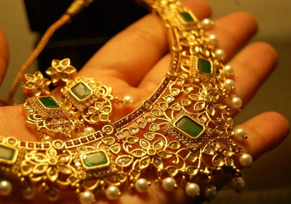 ELEGANT INDIAN SET WITH ZIRCONS, RED & GREEN STONES