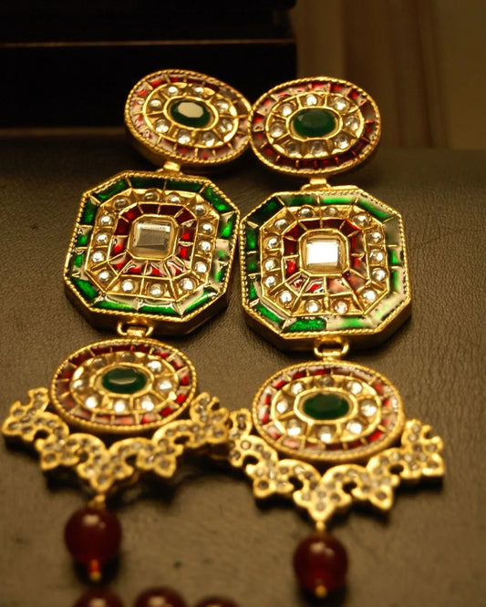 RED & GREEN KUNDAN LONG EARRINGS