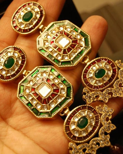 RED & GREEN KUNDAN LONG EARRINGS