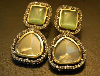 JADE GREEN EARRINGS IN KUNDAN & ZIRCONS