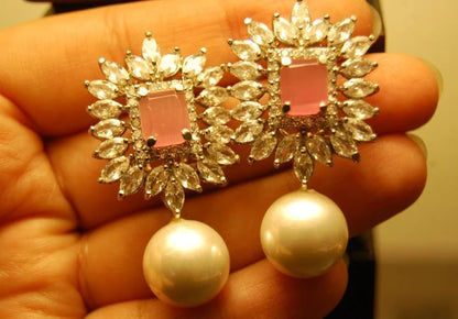 PINK ,ZIRCON & PEARL EARRINGS