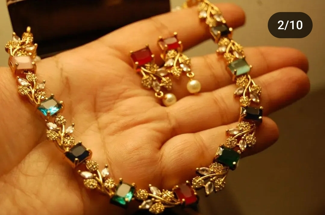 MULTI STONE & ZIRCON DELICATE NECKLACE SET