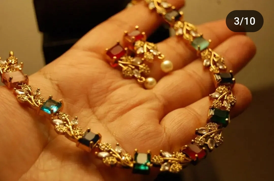MULTI STONE & ZIRCON DELICATE NECKLACE SET