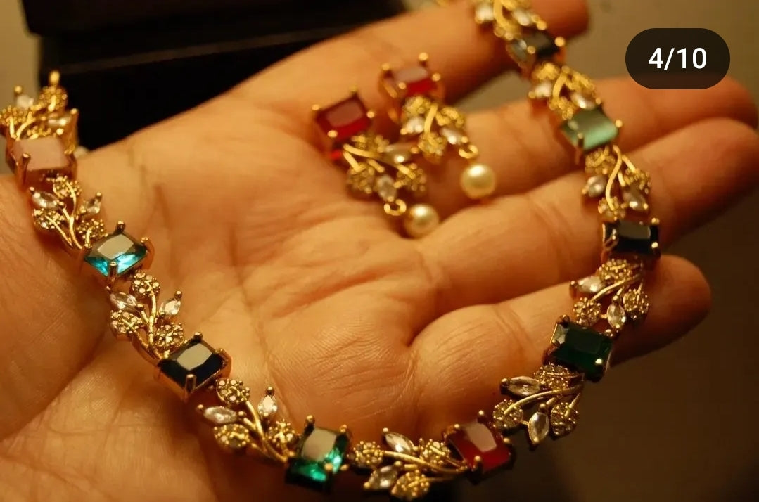 MULTI STONE & ZIRCON DELICATE NECKLACE SET