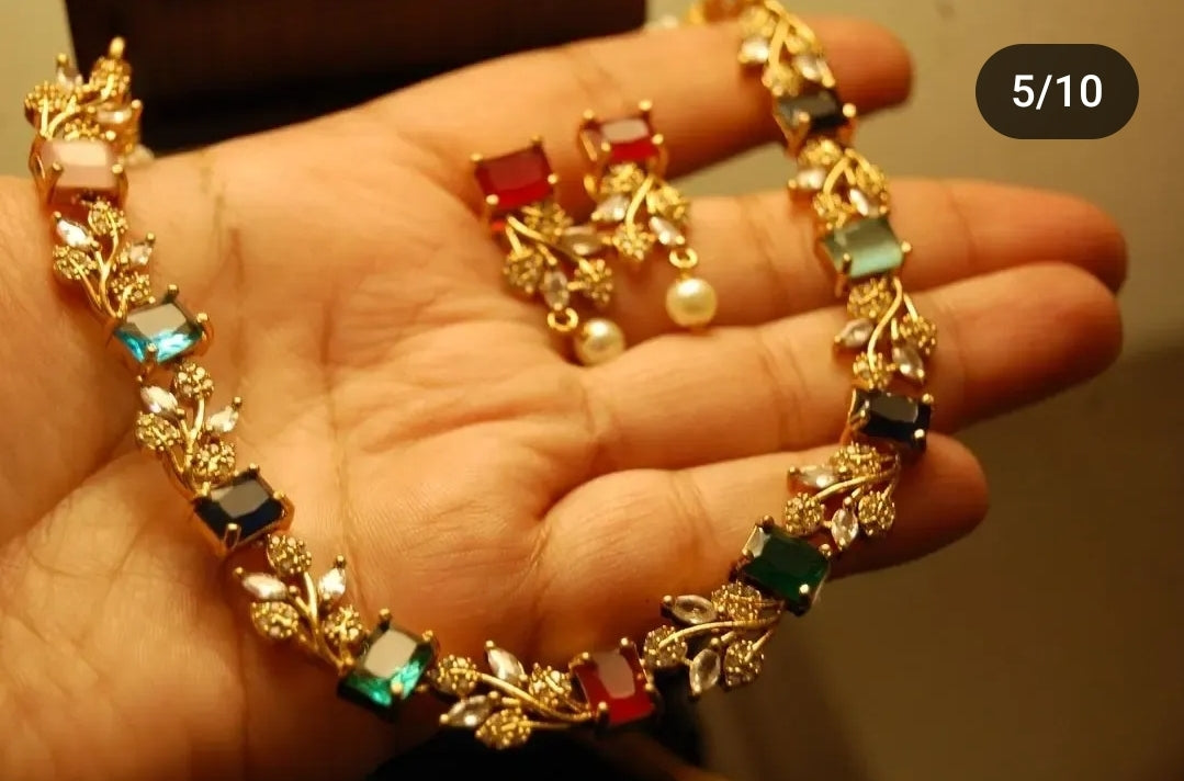 MULTI STONE & ZIRCON DELICATE NECKLACE SET