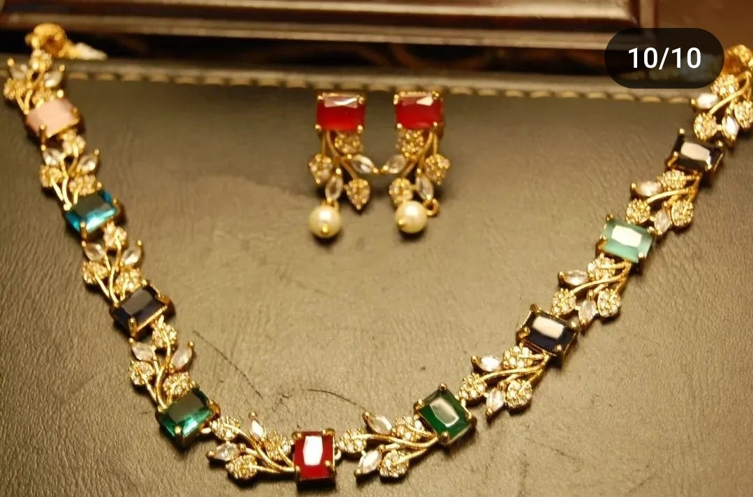 MULTI STONE & ZIRCON DELICATE NECKLACE SET