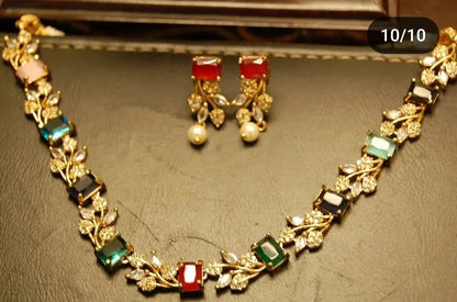 MULTI STONE & ZIRCON DELICATE NECKLACE SET