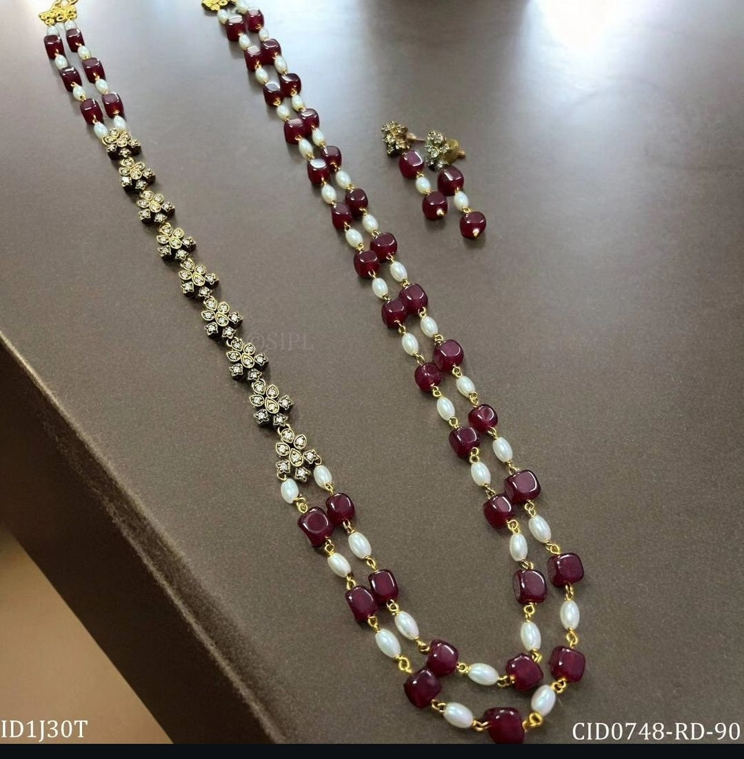 PEARL & RED MALA WITH ZIRCON STRING
