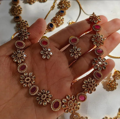 SOUTH INDIAN NECKLACE SET IN RED & ZIRCON