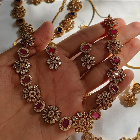 SOUTH INDIAN NECKLACE SET IN RED & ZIRCON