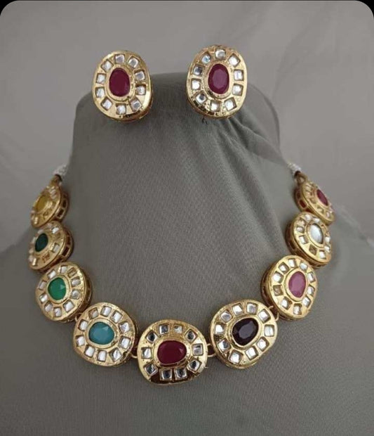 MULTI JEWELS & KUNDAN NECKLACE & EARRINGS SET