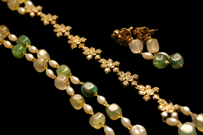 PEARL & JADE GREEN MALA WITH ZIRCON STRING