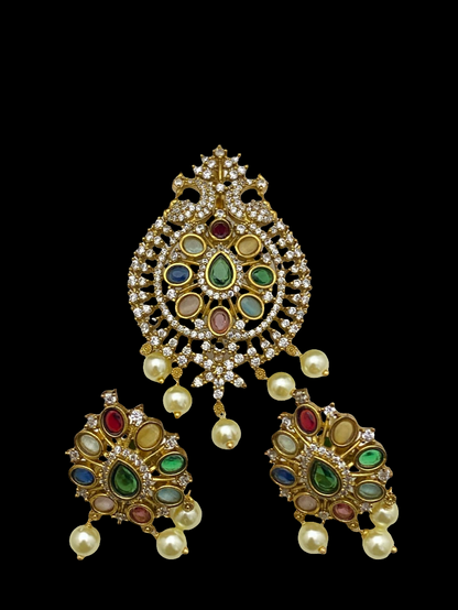 INDIAN MULTI JEWELLED PENDENT IN PEARL STRING