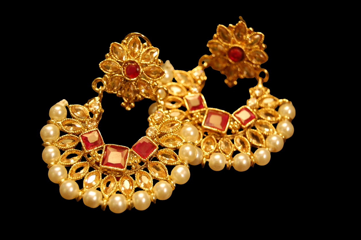 CHAAND BALIS IN PEARLS, RED & CHAMPAGNE