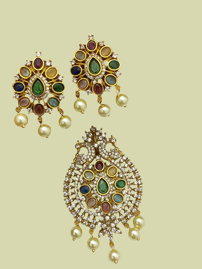 INDIAN MULTI JEWELLED PENDENT IN PEARL STRING