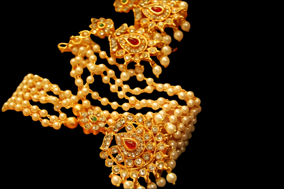 SOUTH INDIAN PEARL NECKLACE SET IN RED, GREEN & ZIRCON