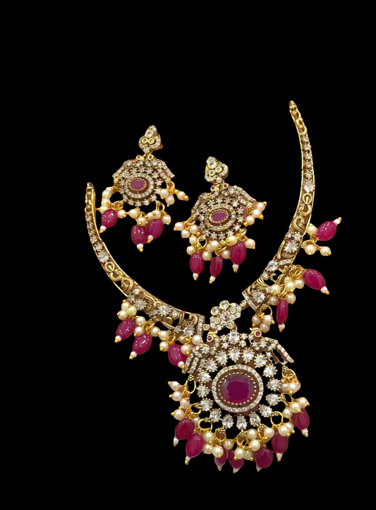 SOUTH INDIAN NECKLACE SET IN RED & ZIRCON