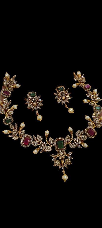 SOUTH INDIAN NECKLACE SET IN RED & GREEN