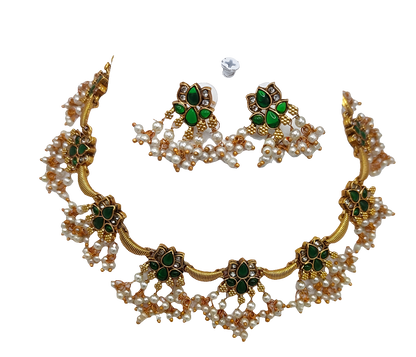 ELEGANT SOUTH INDIAN NECKLACE SET IN GREEN