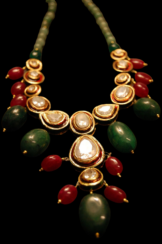 POLKI KUNDAN MALA IN RED & GREEN