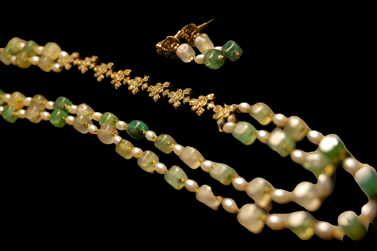PEARL & JADE GREEN MALA WITH ZIRCON STRING