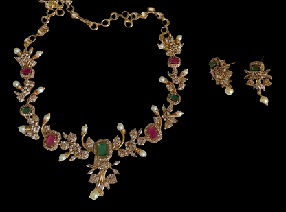 SOUTH INDIAN NECKLACE SET IN RED & GREEN