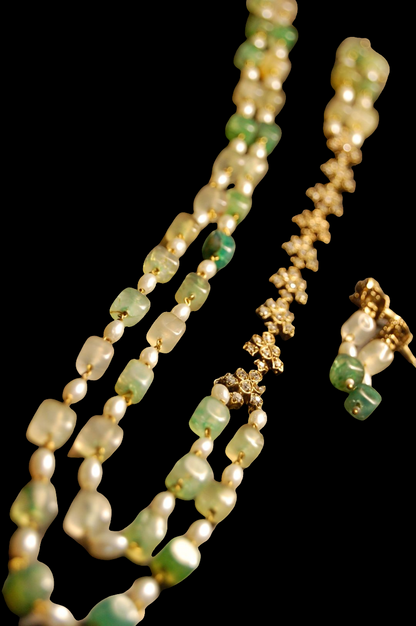 PEARL & JADE GREEN MALA WITH ZIRCON STRING