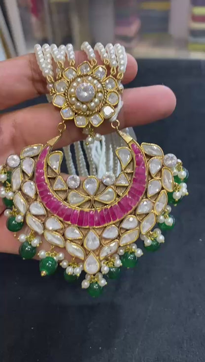 ELEGANT KUNDAN MALA IN RED & GREEN IN PEARLS STRING