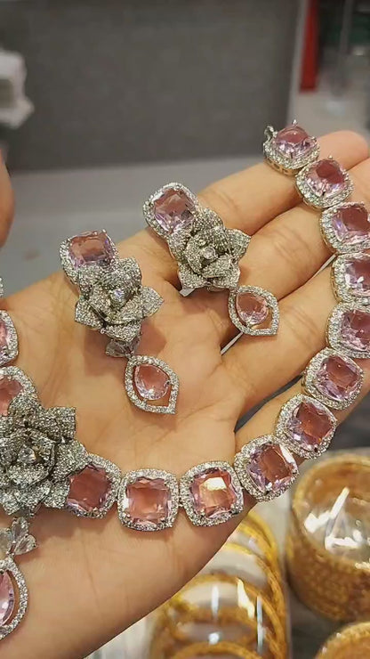 PINK & ZIRCON FLORAL NECKLACE SET