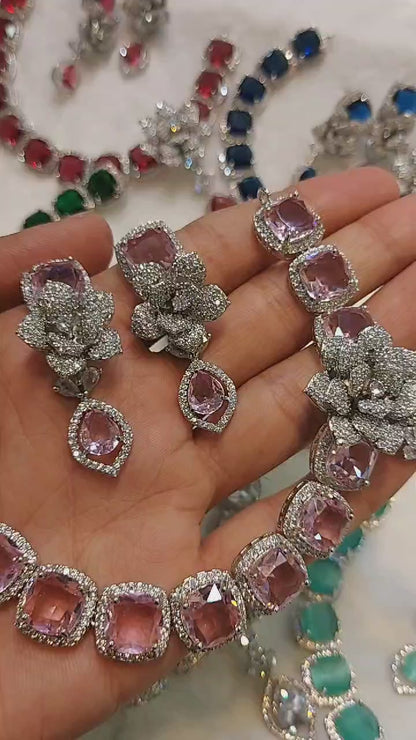 PINK & ZIRCON FLORAL NECKLACE SET
