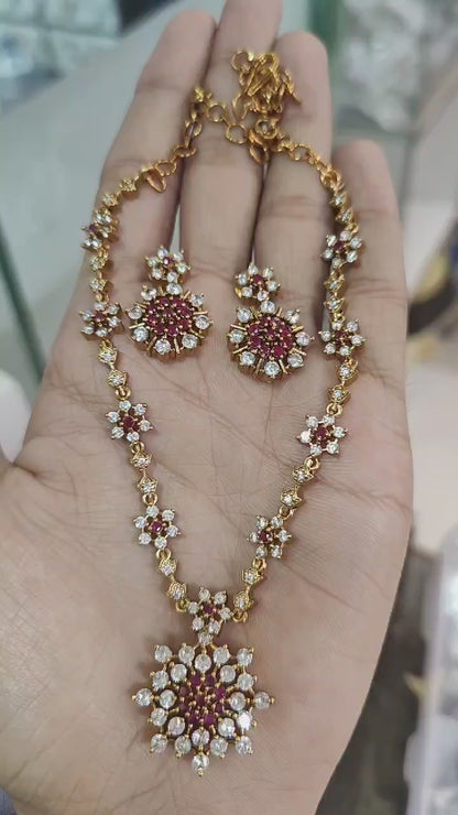 SOUTH INDIAN NECKLACE SET IN RED & ZIRCON