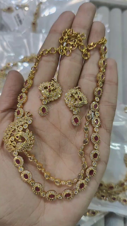 ELEGANT RED PEACOCK SOUTH INDIAN NECKLACE SET