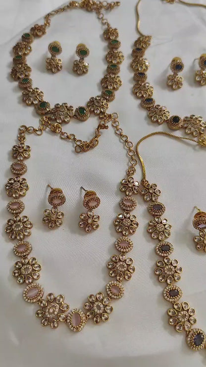 SOUTH INDIAN NECKLACE SET IN GREEN & ZIRCON