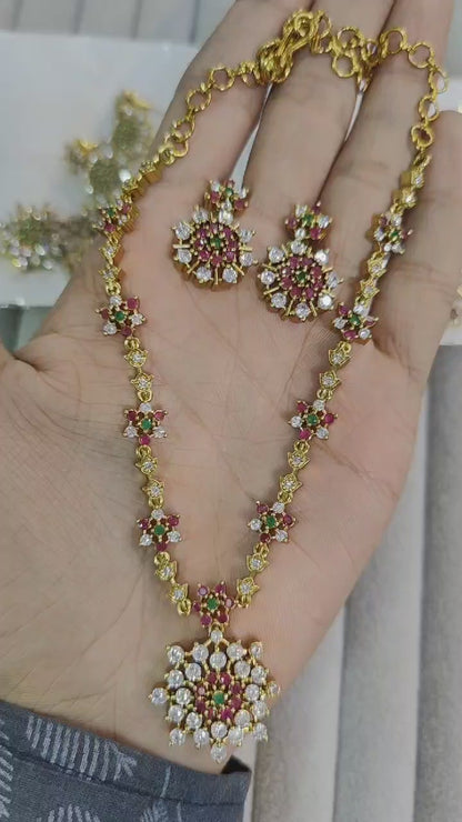 SOUTH INDIAN NECKLACE SET IN RED, GREEN & ZIRCON