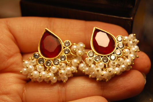 RED KUNDAN & PEARL EARRINGS