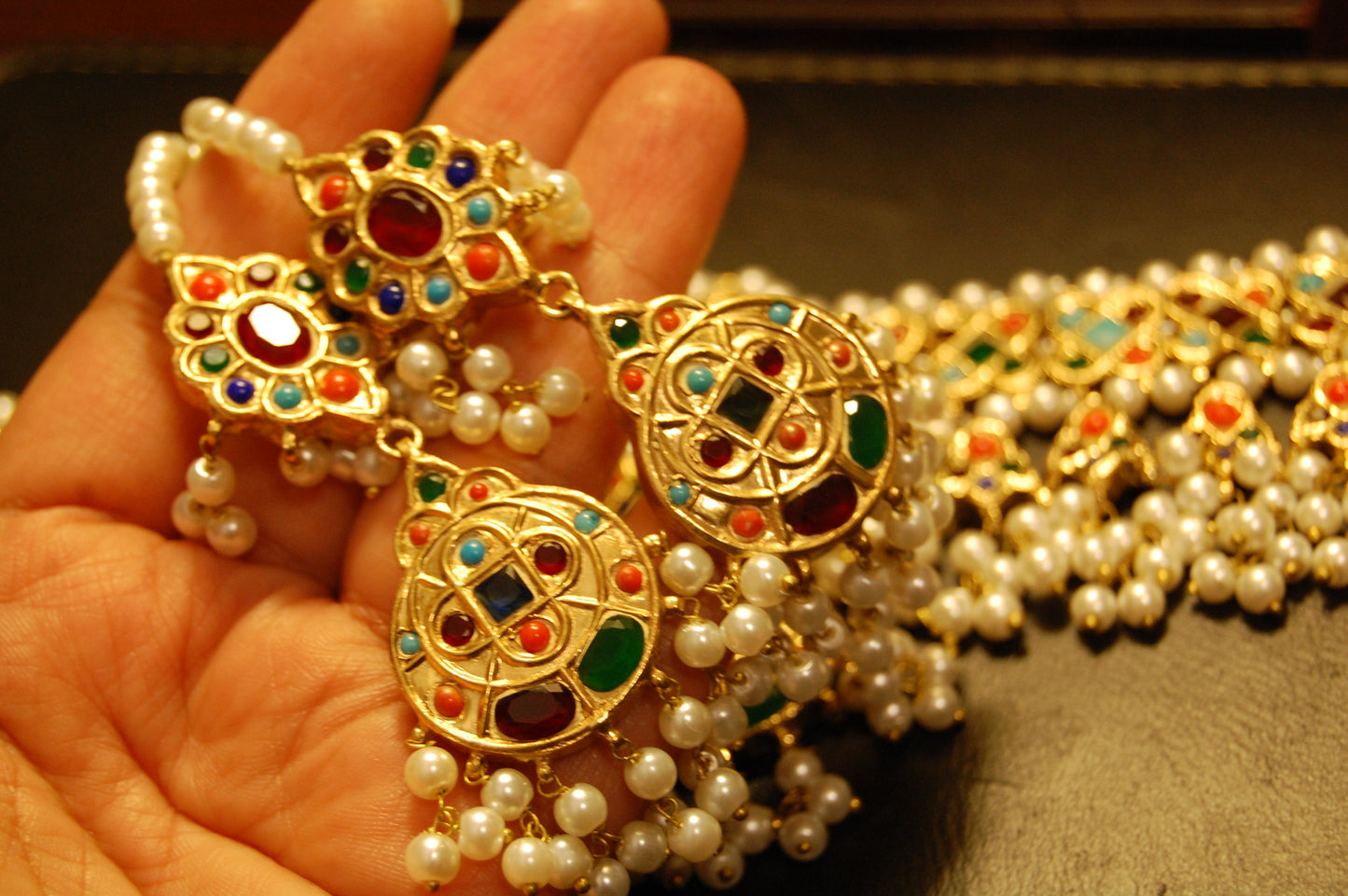 NAURATAN MULTI & PEARLS CHOKER SET