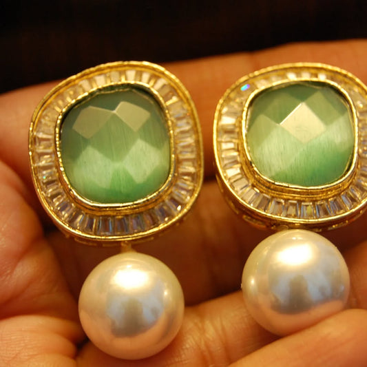 JADE GREEN, ZIRCON & PEARL EARRINGS