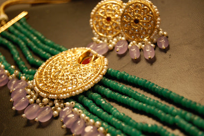 ELEGANT GREEN & KUNDAN CHOKER SET WITH LILAC DROPS & RED STONES