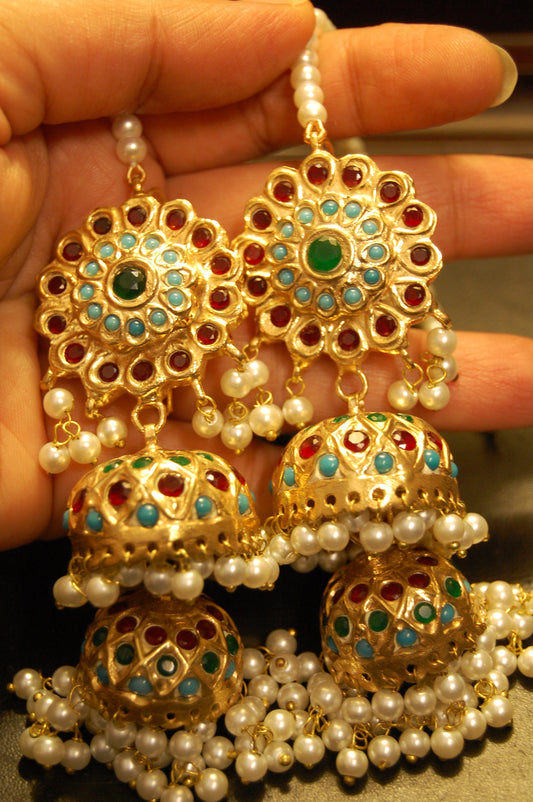 MULTI STONE TWO LAYERED JHUMKAS
