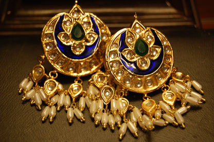 BLUE MEENA & GREEN STONE  EARRINGS WITH PEARLS