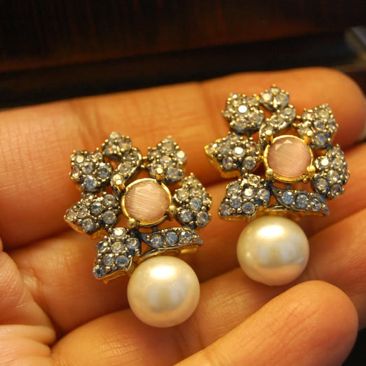PINK, ZIRCON & PEARL EARRINGS