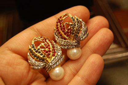 RED & BLUE PEARL FLORAL EARRINGS