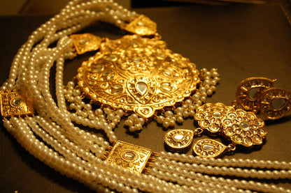 ELEGANT LONG KUNDAN,  PEARLS MALA & EARRINGS SET